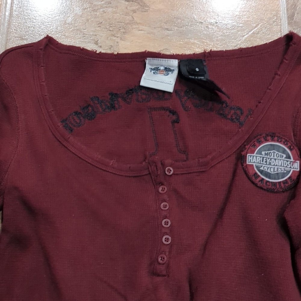Y2K Harley-Davidson Waffle Knit Henley American Grunge Distressed - Picture 5 of 12